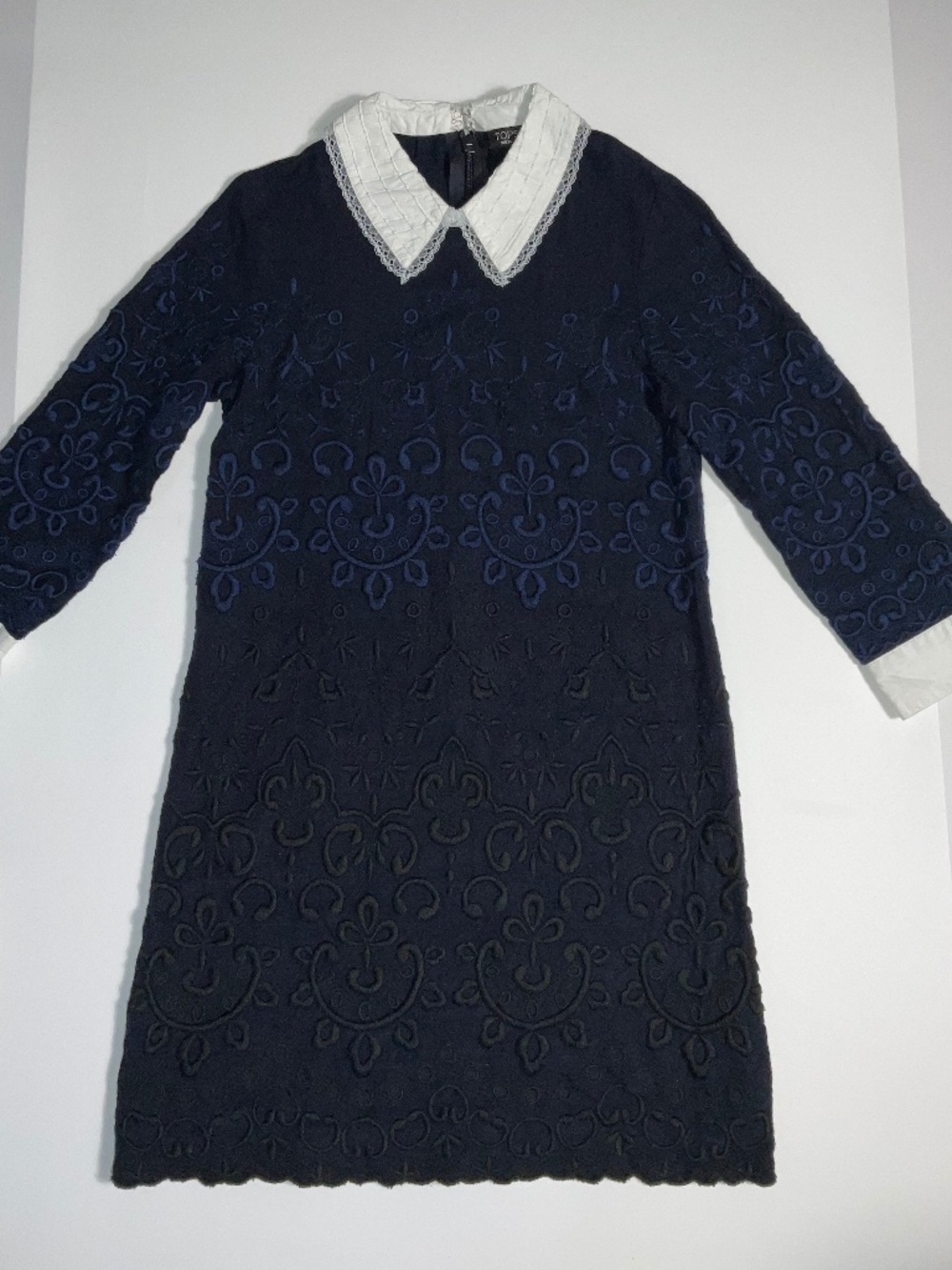 Topshop Navy Blue Embroidered Long Sleeve Dress White Collar US 4